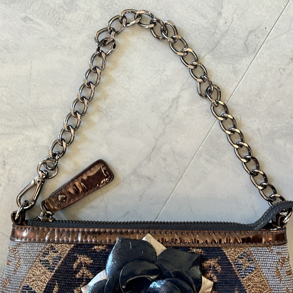 Sharif  Tapestry Satchel  navy/gold expanding bottom   velvety    gunmetal  NWOT - Picture 7 of 17